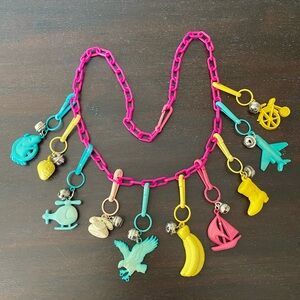 Vintage 80s Bell Charm Necklace Colorful Kids Toy